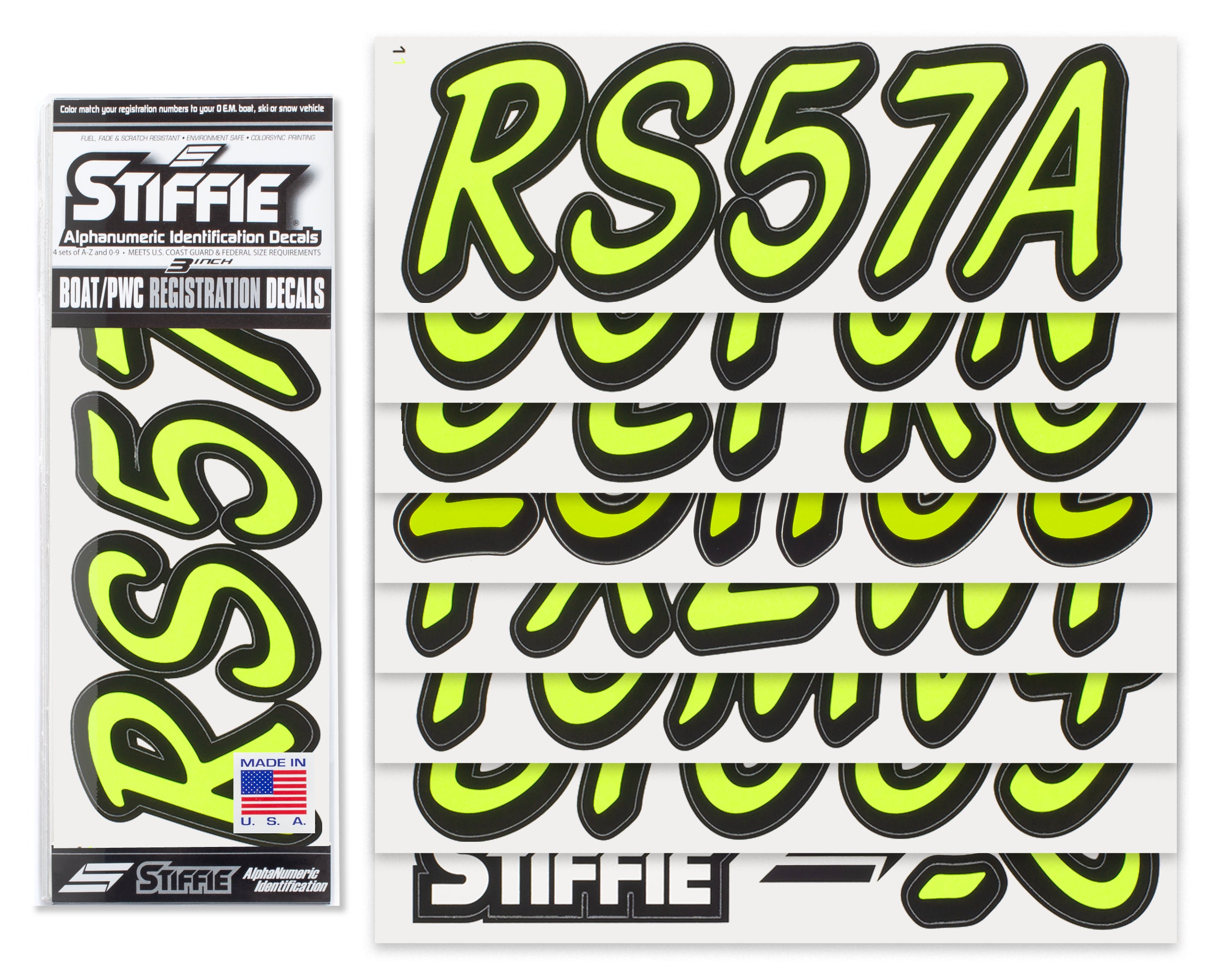 STIFFIE Whipline Solid Day Glow Yellow/Black 3" Alpha-Numeric Registration Identification Numbers Stickers Decals for Boats & Personal Watercraft