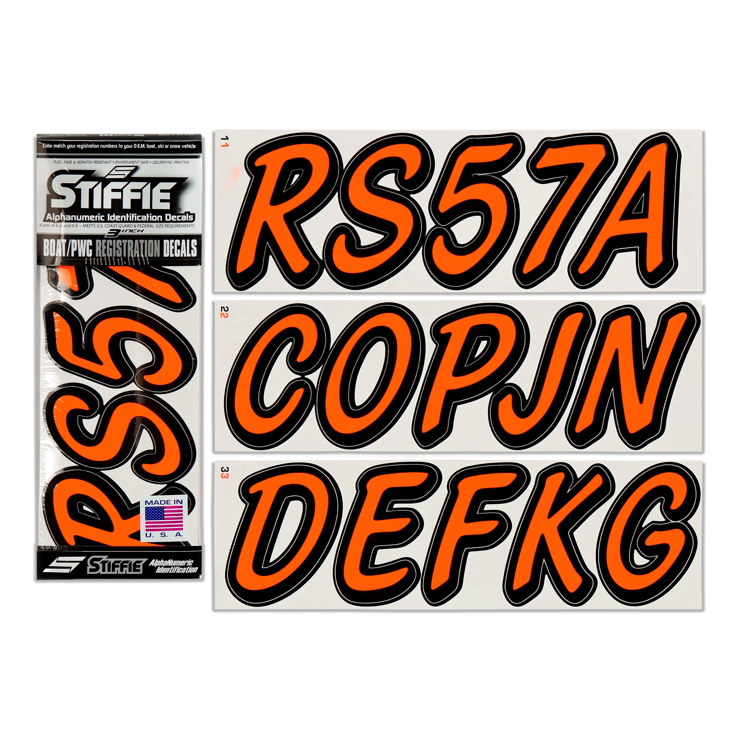 STIFFIE Whipline Solid Electric Orange/Black 3" Alpha-Numeric Registration Identification Numbers Stickers Decals for Boats & Personal Watercraft