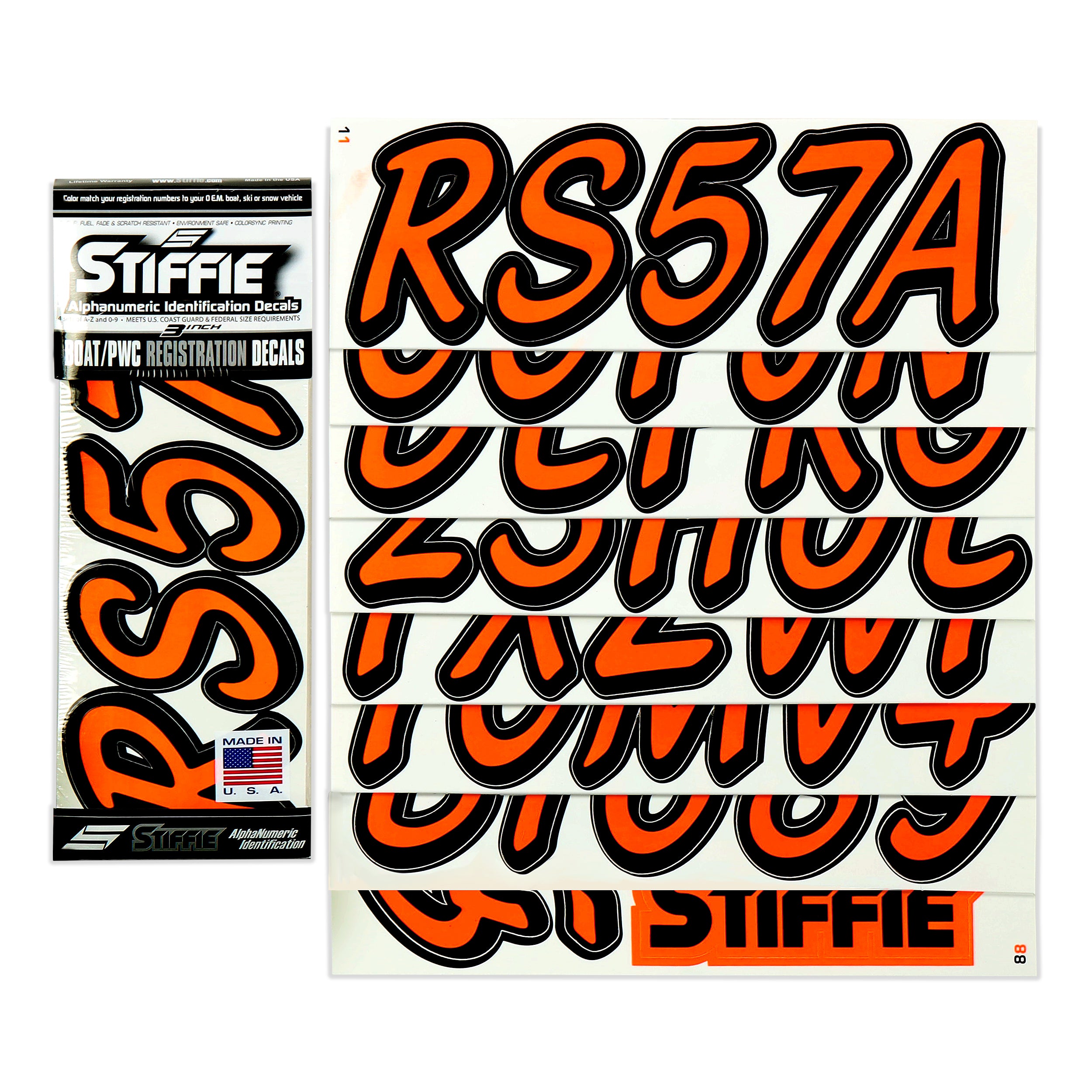 STIFFIE Whipline Solid Electric Orange/Black 3" Alpha-Numeric Registration Identification Numbers Stickers Decals for Boats & Personal Watercraft