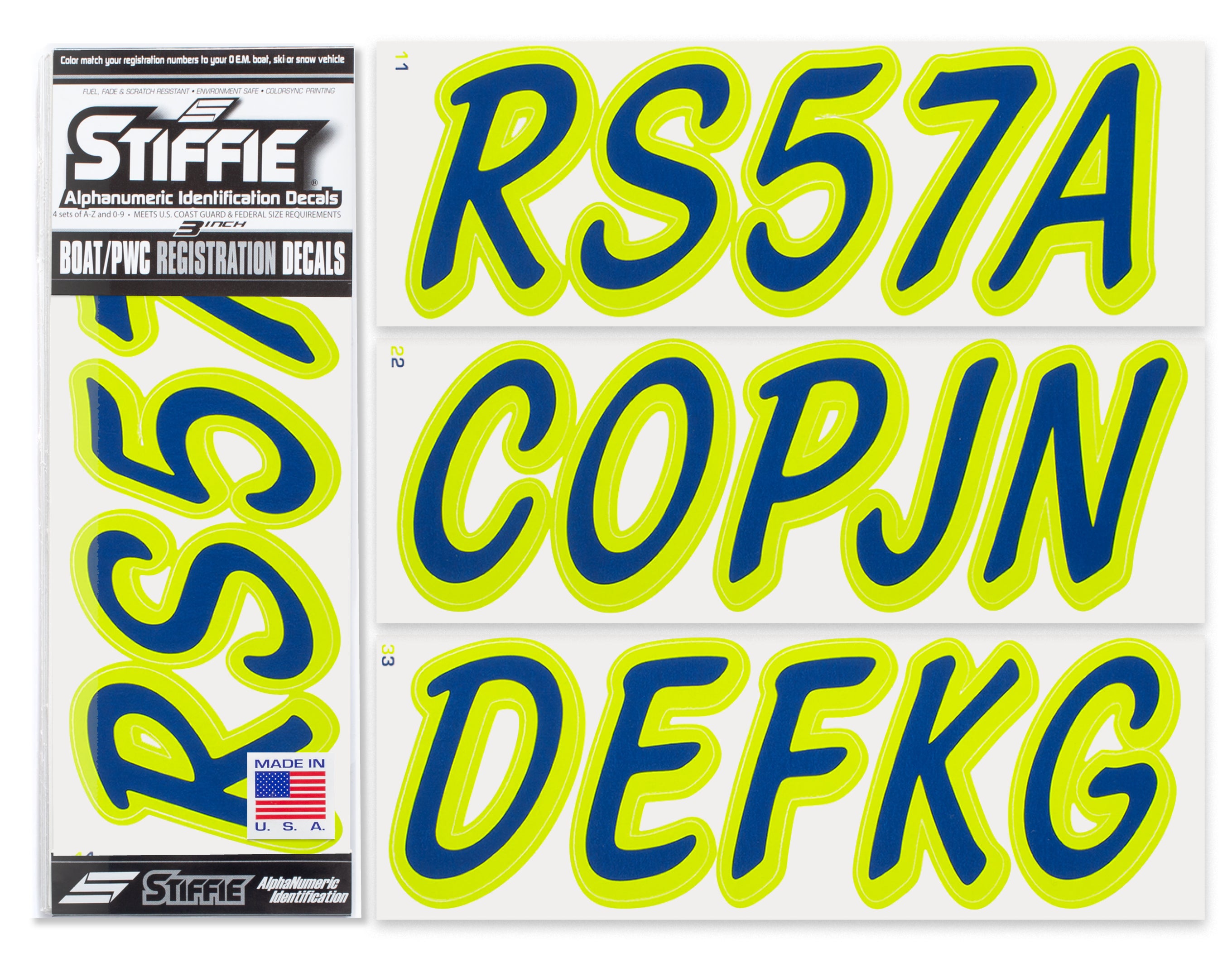 STIFFIE Whipline Solid Navy/Atomic Green 3" Alpha-Numeric Registration Identification Numbers Stickers Decals for Boats & Personal Watercraft
