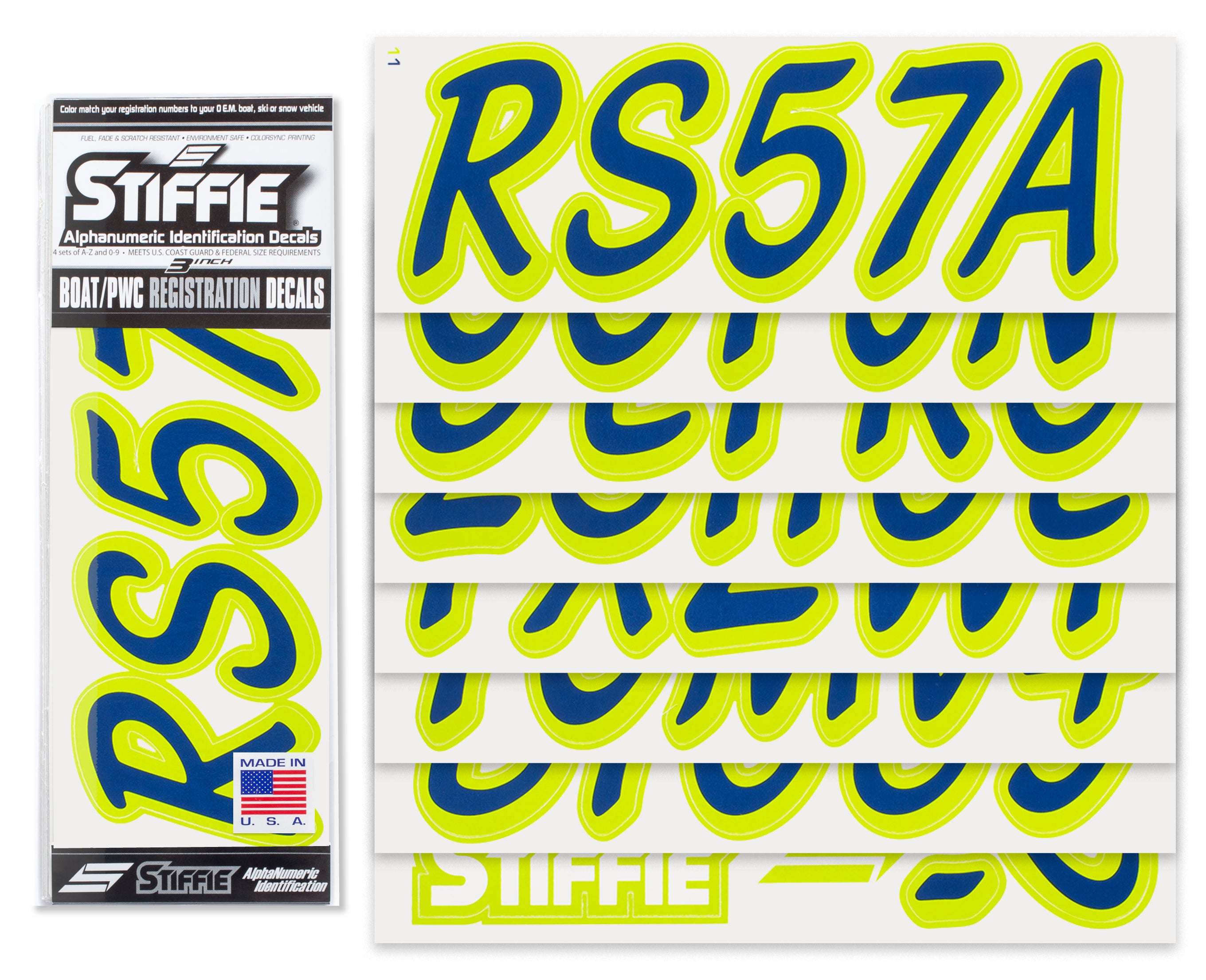 STIFFIE Whipline Solid Navy/Atomic Green 3" Alpha-Numeric Registration Identification Numbers Stickers Decals for Boats & Personal Watercraft