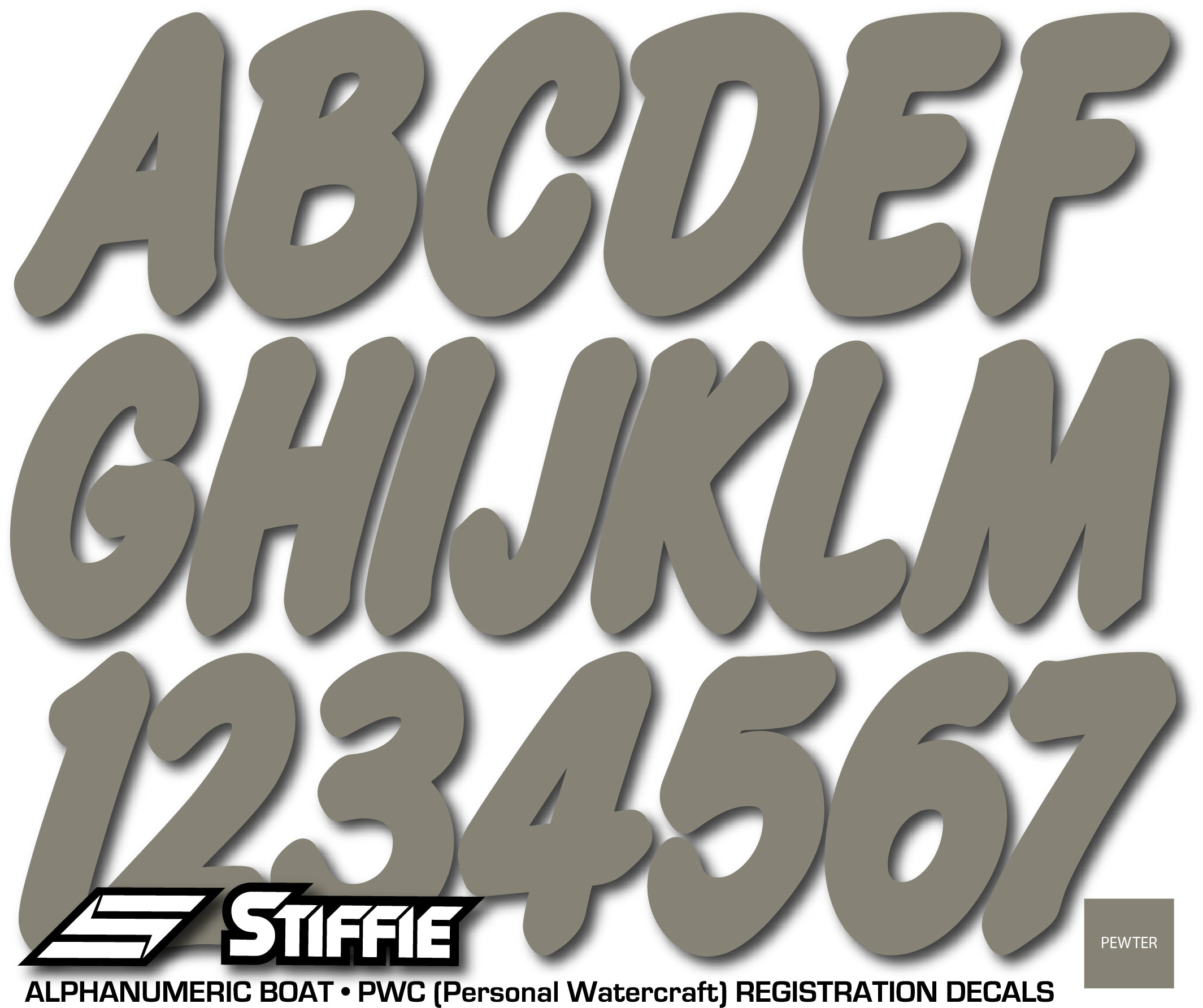 STIFFIE Whip-One Pewter 3" Alpha-Numeric Registration Identification Numbers Stickers Decals for Boats & Personal Watercraft