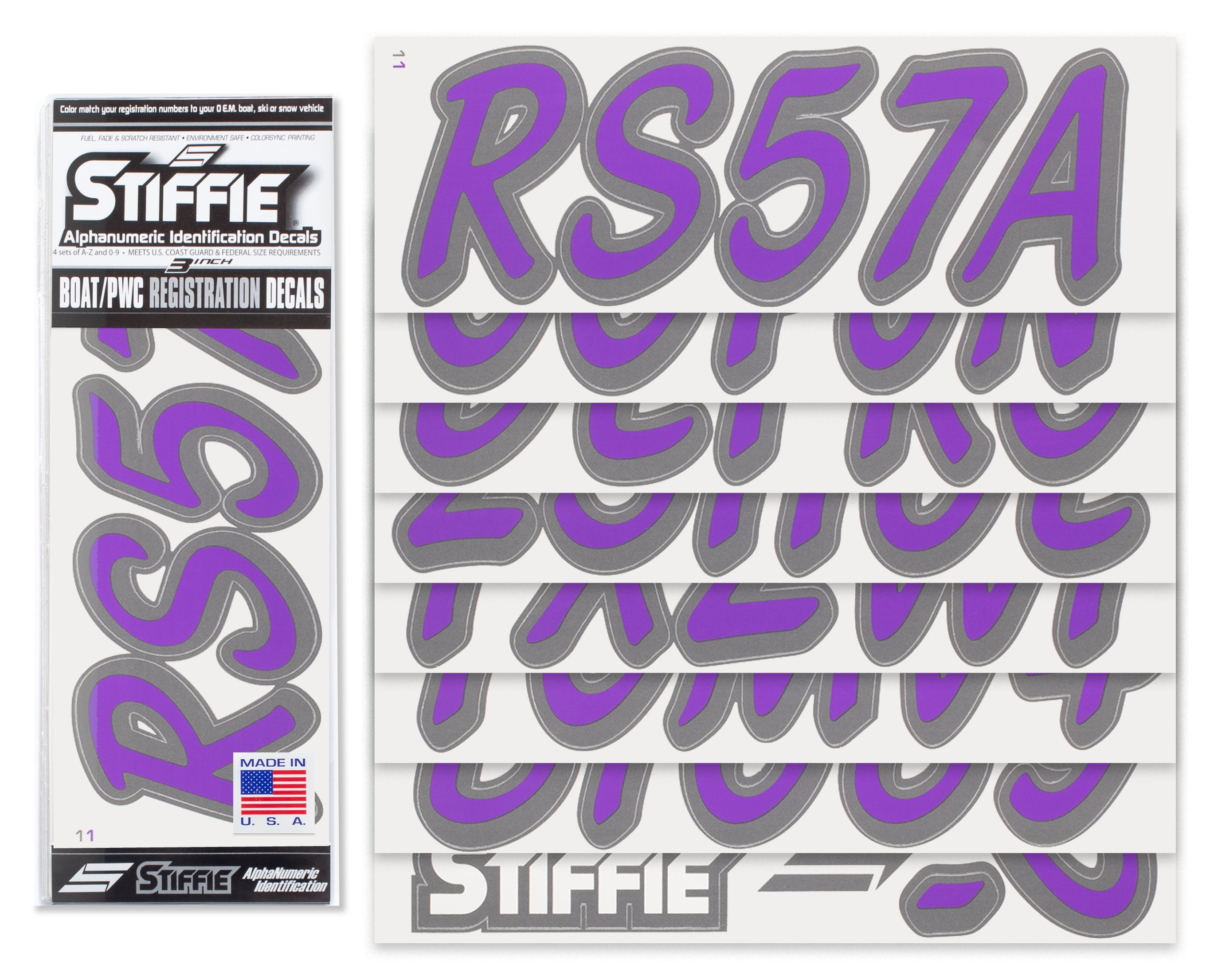 STIFFIE Whipline Solid Purple/Carbon 3" Alpha-Numeric Registration Identification Numbers Stickers Decals for Boats & Personal Watercraft