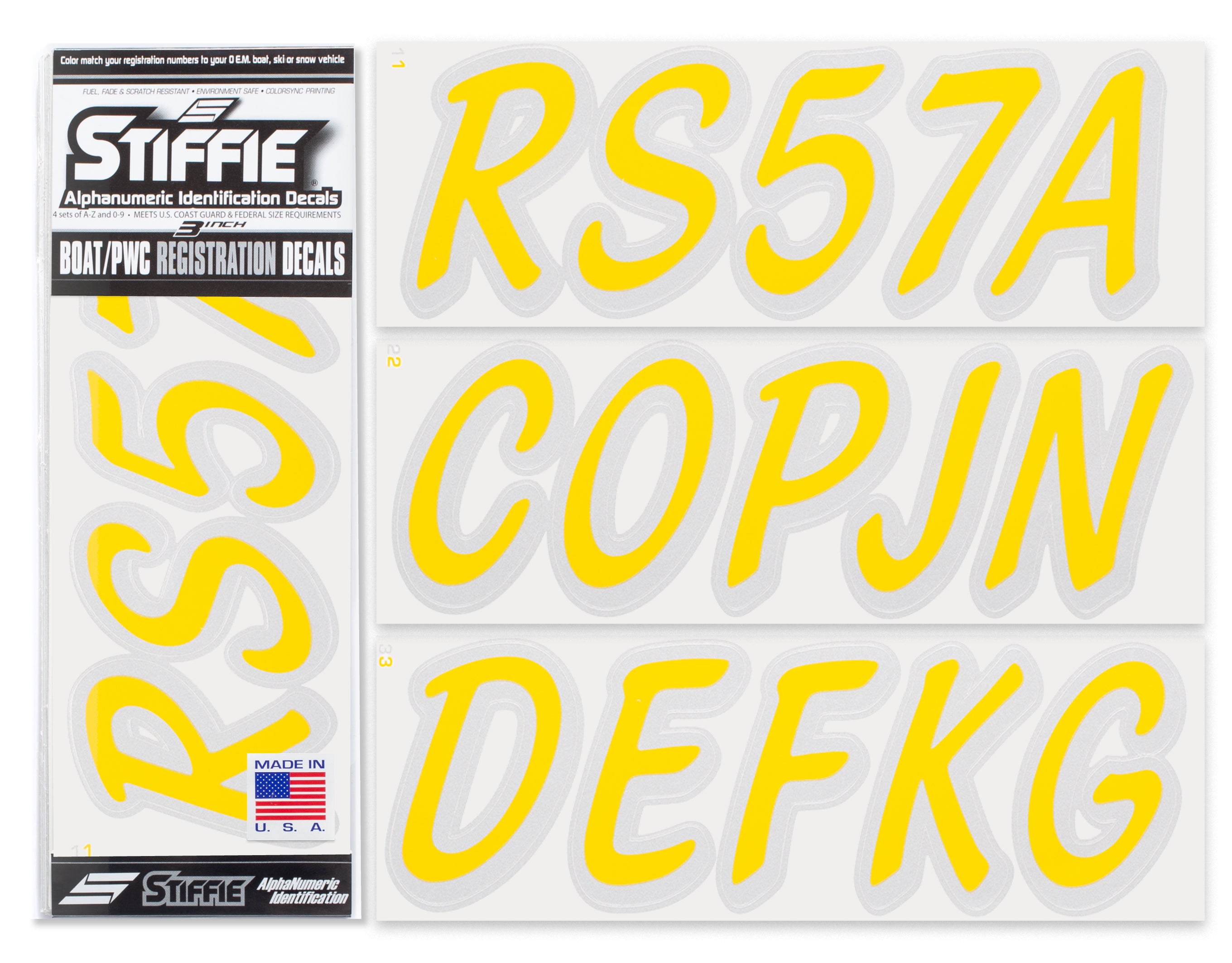 STIFFIE Whipline Solid Yellow/Metallic Silver 3" Alpha-Numeric Registration Identification Numbers Stickers Decals for Boats & Personal Watercraft