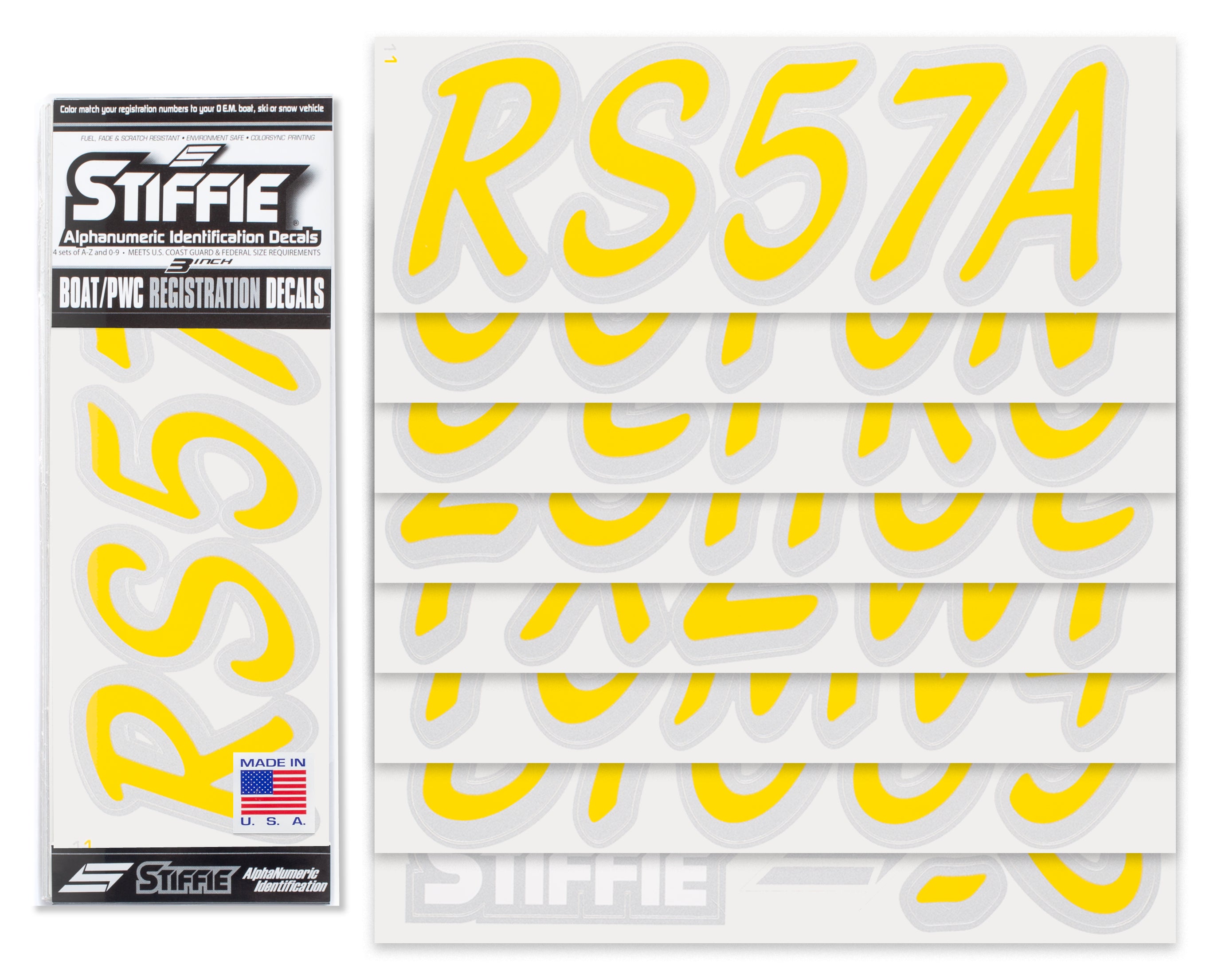 STIFFIE Whipline Solid Yellow/Metallic Silver 3" Alpha-Numeric Registration Identification Numbers Stickers Decals for Boats & Personal Watercraft