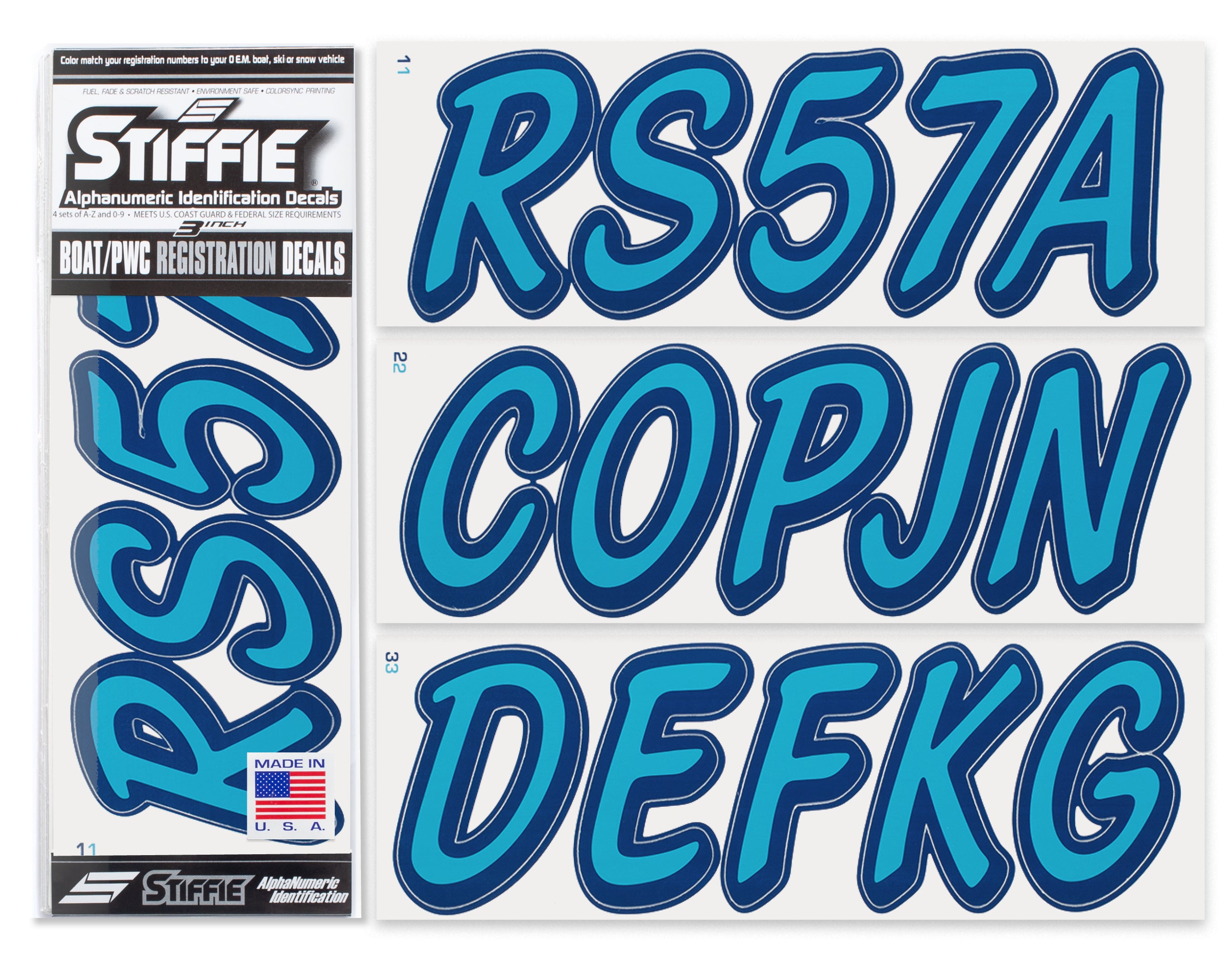 STIFFIE Whipline Solid Sky Blue/Navy 3" Alpha-Numeric Registration Identification Numbers Stickers Decals for Boats & Personal Watercraft