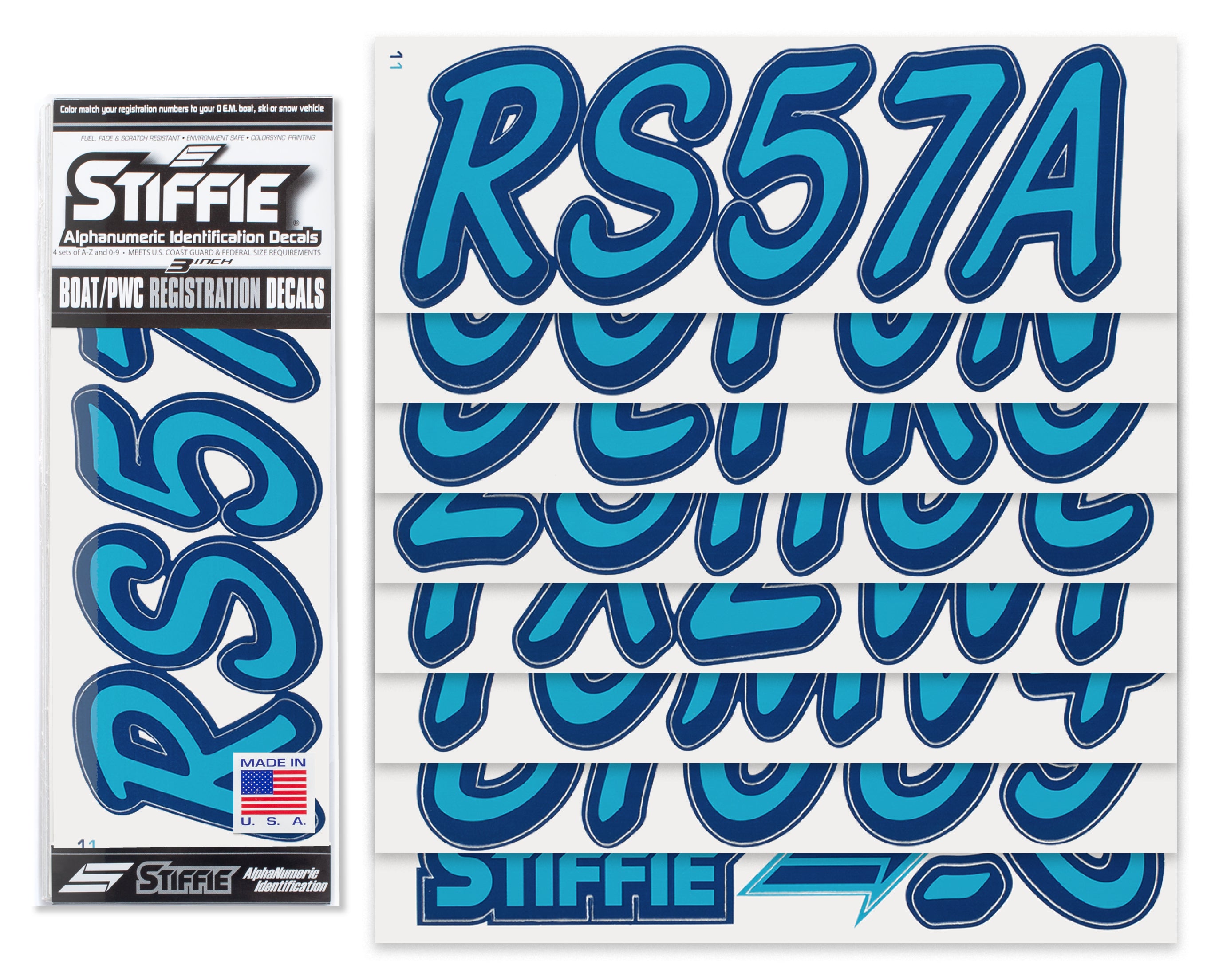 STIFFIE Whipline Solid Sky Blue/Navy 3" Alpha-Numeric Registration Identification Numbers Stickers Decals for Boats & Personal Watercraft