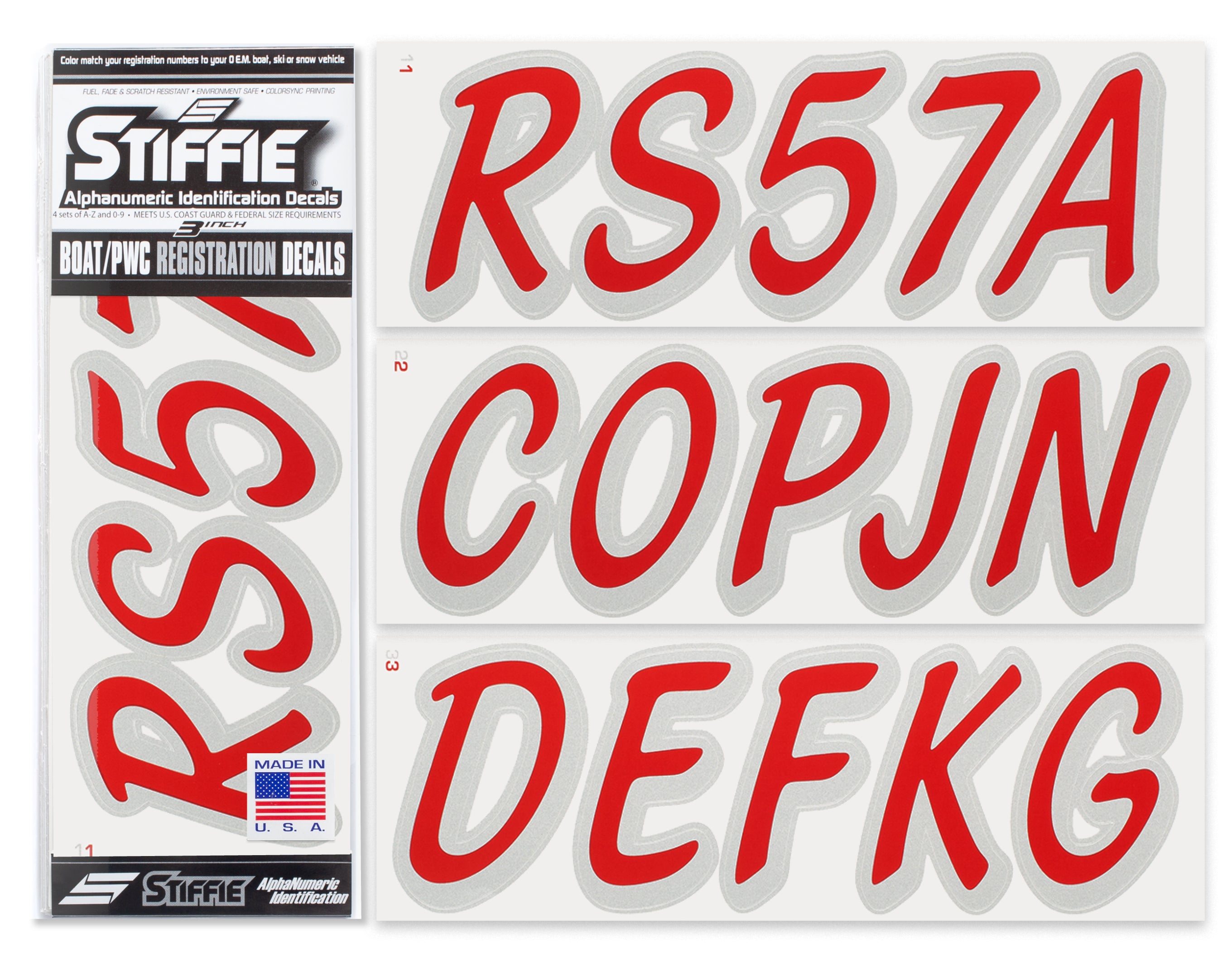 STIFFIE Whipline Solid Red/Metallic Silver 3" Alpha-Numeric Registration Identification Numbers Stickers Decals for Boats & Personal Watercraft