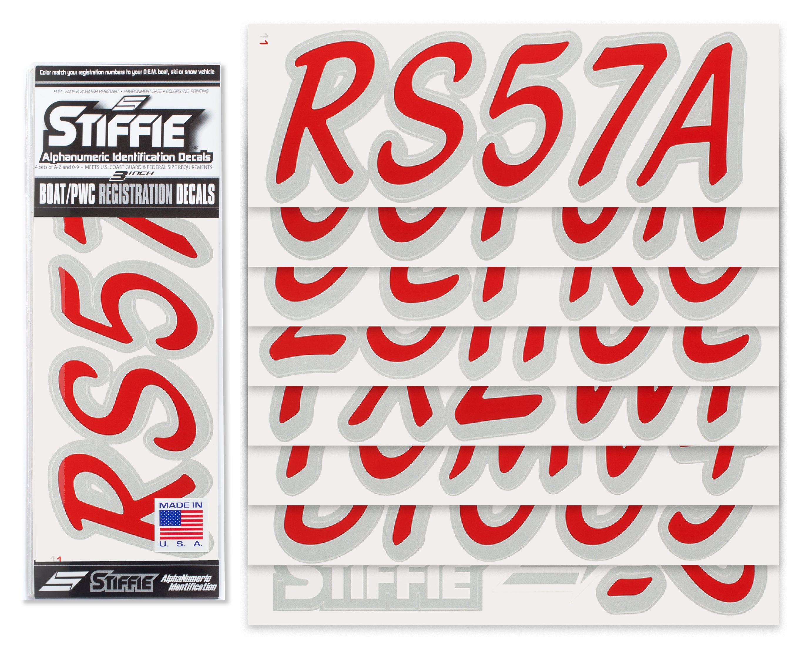 STIFFIE Whipline Solid Red/Metallic Silver 3" Alpha-Numeric Registration Identification Numbers Stickers Decals for Boats & Personal Watercraft