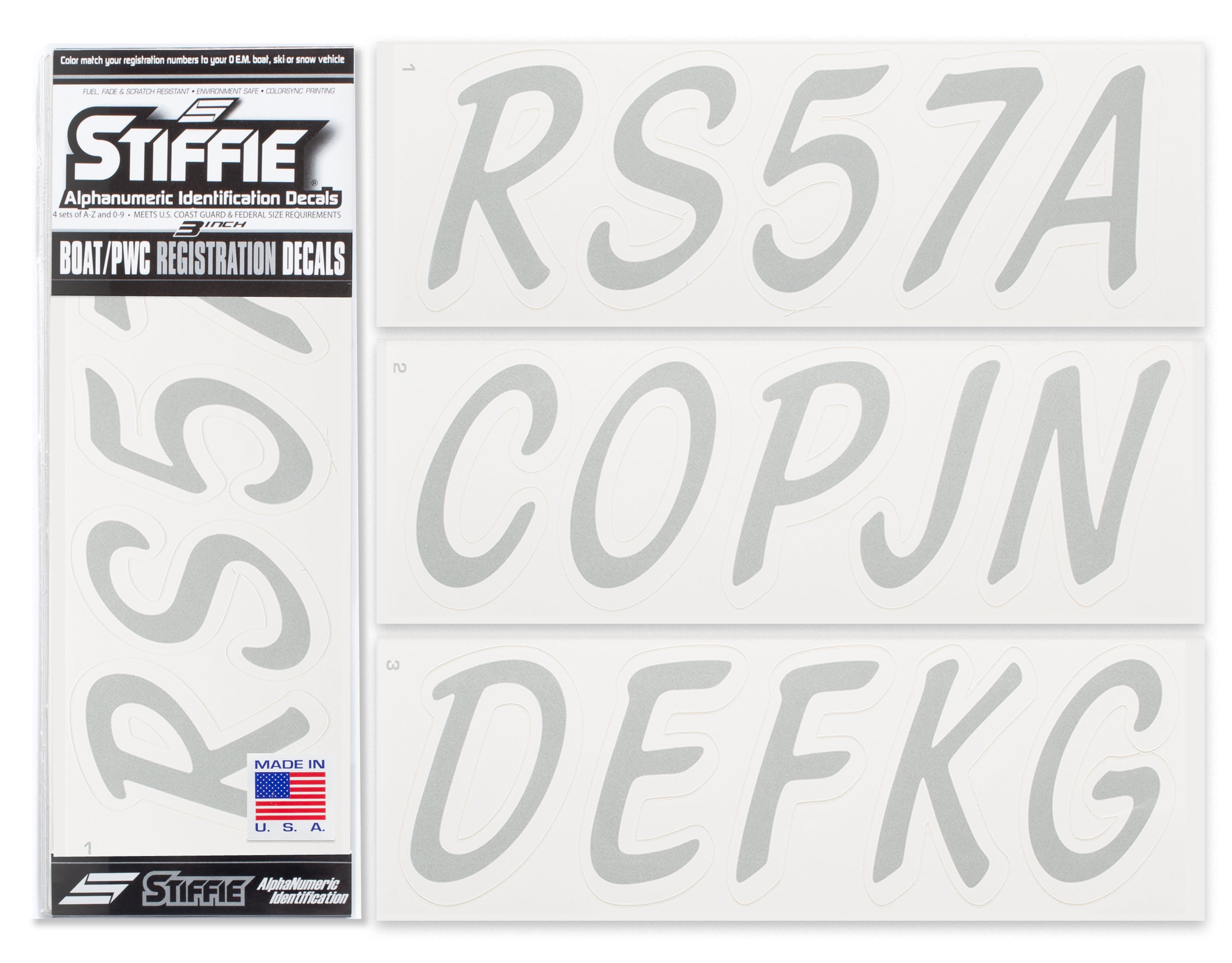 STIFFIE Whipline Solid Metallic Silver/White 3" Alpha-Numeric Registration Identification Numbers Stickers Decals for Boats & Personal Watercraft