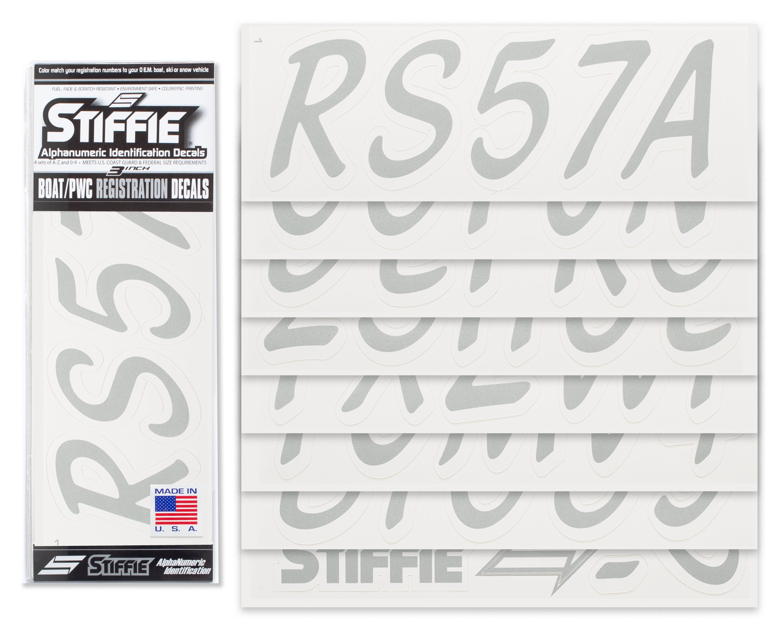 STIFFIE Whipline Solid Metallic Silver/White 3" Alpha-Numeric Registration Identification Numbers Stickers Decals for Boats & Personal Watercraft